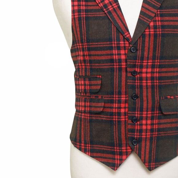 Mens Plaid Vest 44R Red Brown Wool Waistcoat XL Formal Wedding Groom Prom Party - Picture 7 of 9